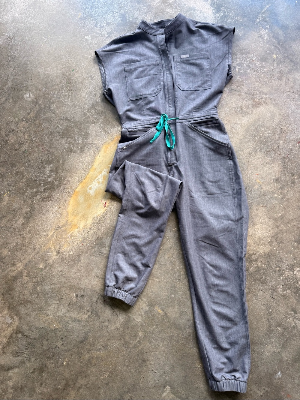 Figs Gray Utility Jumpsuit with Teal Drawstring